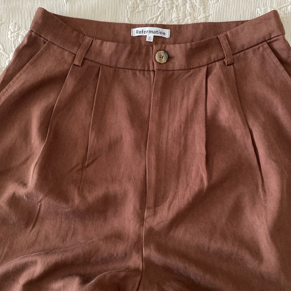 Reformation Vida High Rise Dress Pants Straight Wide Leg Brown side pockets SZ 8